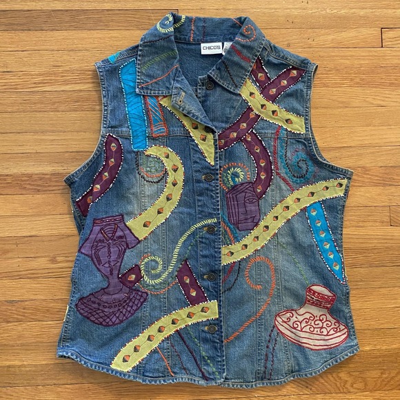 Chico's Jackets & Blazers - Chicos Jean Vest Womens 2 Embroidered Applique Boho Art Jacket Casual Layering